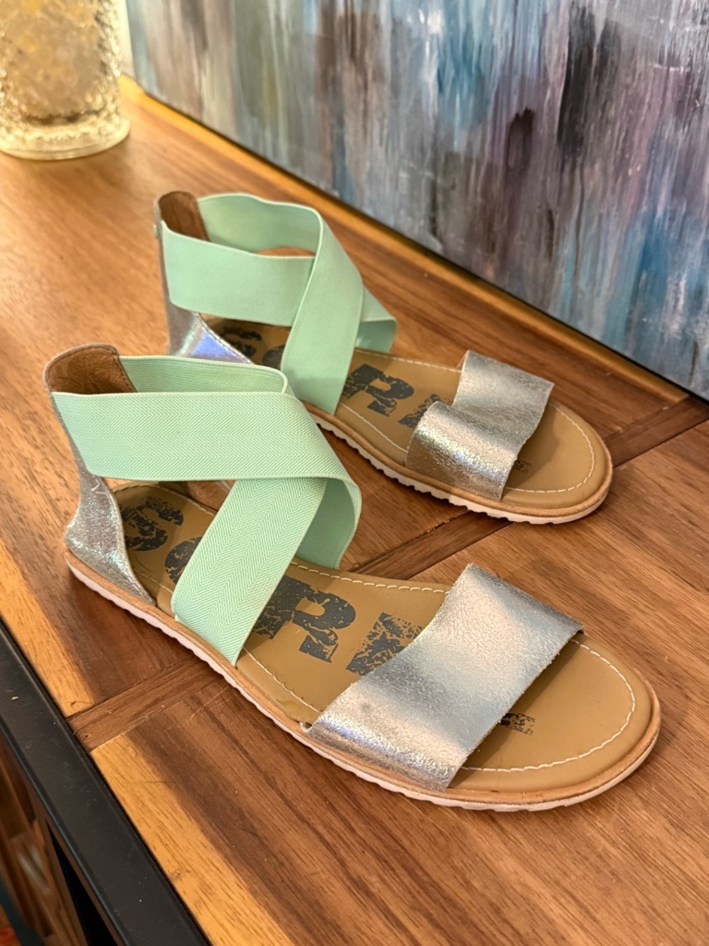 Sorel Mint and Silver Glitter Slip-On Sandals